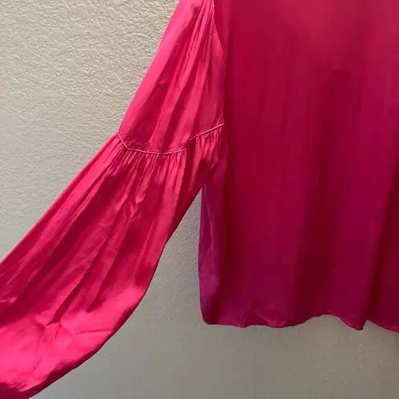 AMADI Lara Ruffled Blouse Hot Pink Anthropologie Boho V Neck Long Sleeve Size L - Picture 6 of 7